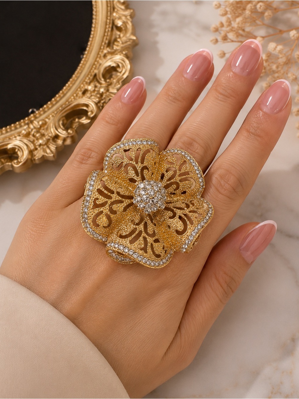 Oversized Gold Floral Rhinestone Statement Ring
